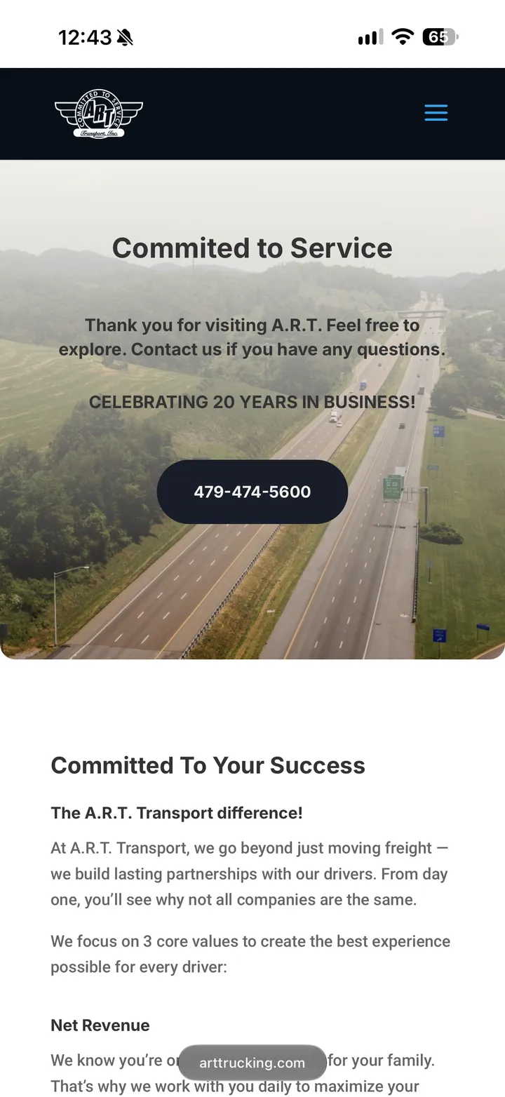 A.R.T. Trucking website shown on a tablet
