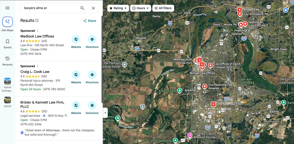 Google Maps results for lawyers in Alma, Arkansas, featuring Brister and Kannett Law Firm, a Fabio Nass Web Solutions client