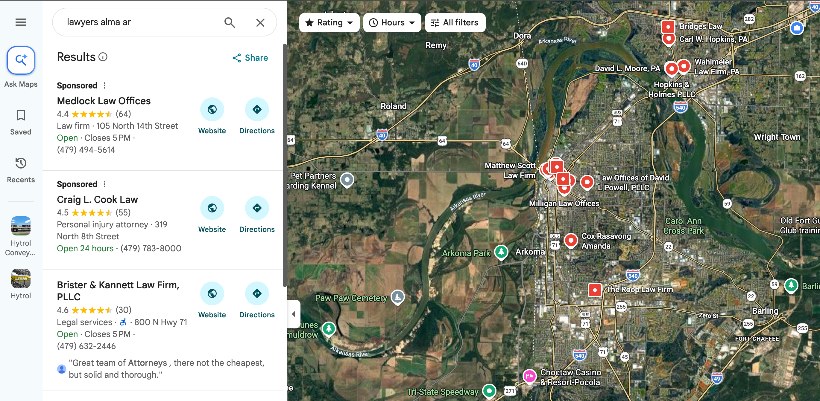 Google Maps results for lawyers in Alma, Arkansas, featuring Brister and Kannett Law Firm, a Fabio Nass Web Solutions client