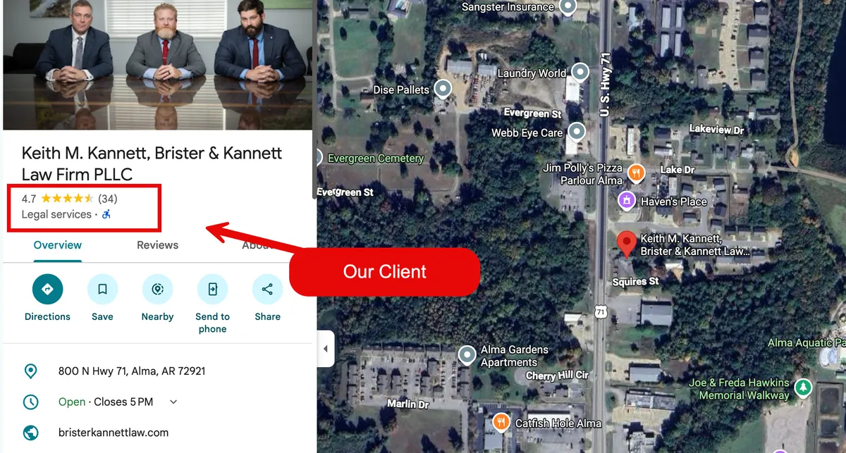 Google Maps business profile and location for Brister and Kannett Law Firm in Alma, Arkansas, a Fabio Nass Web Solutions client