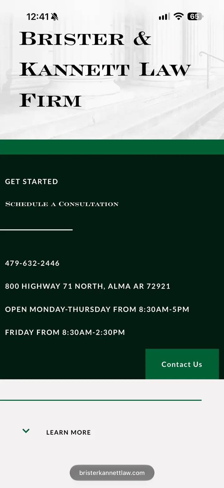 Brister and Kannett Law Firm website shown on a phone