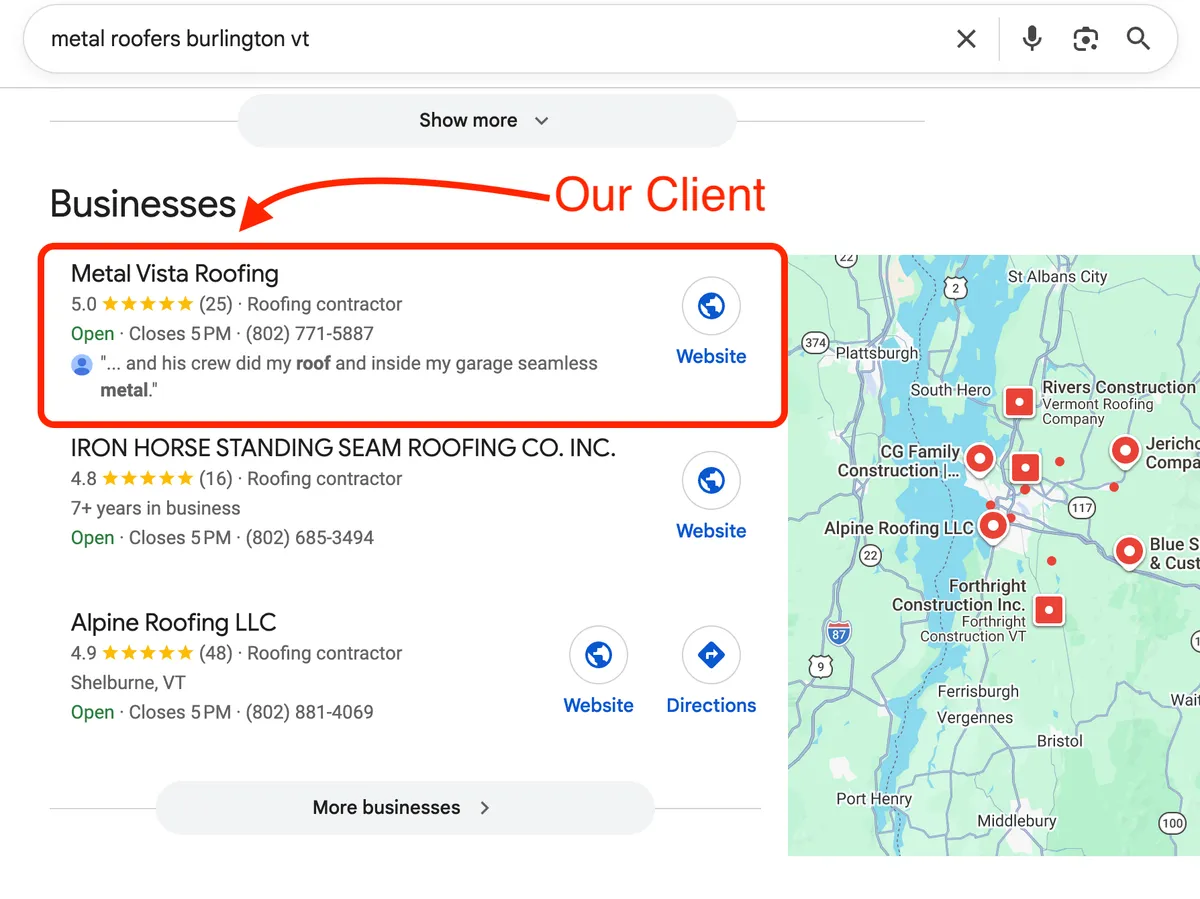 Search engine positioning in Springdale, AR: Google map pack showing a Fabio Nass Web Solutions client ranked at the top