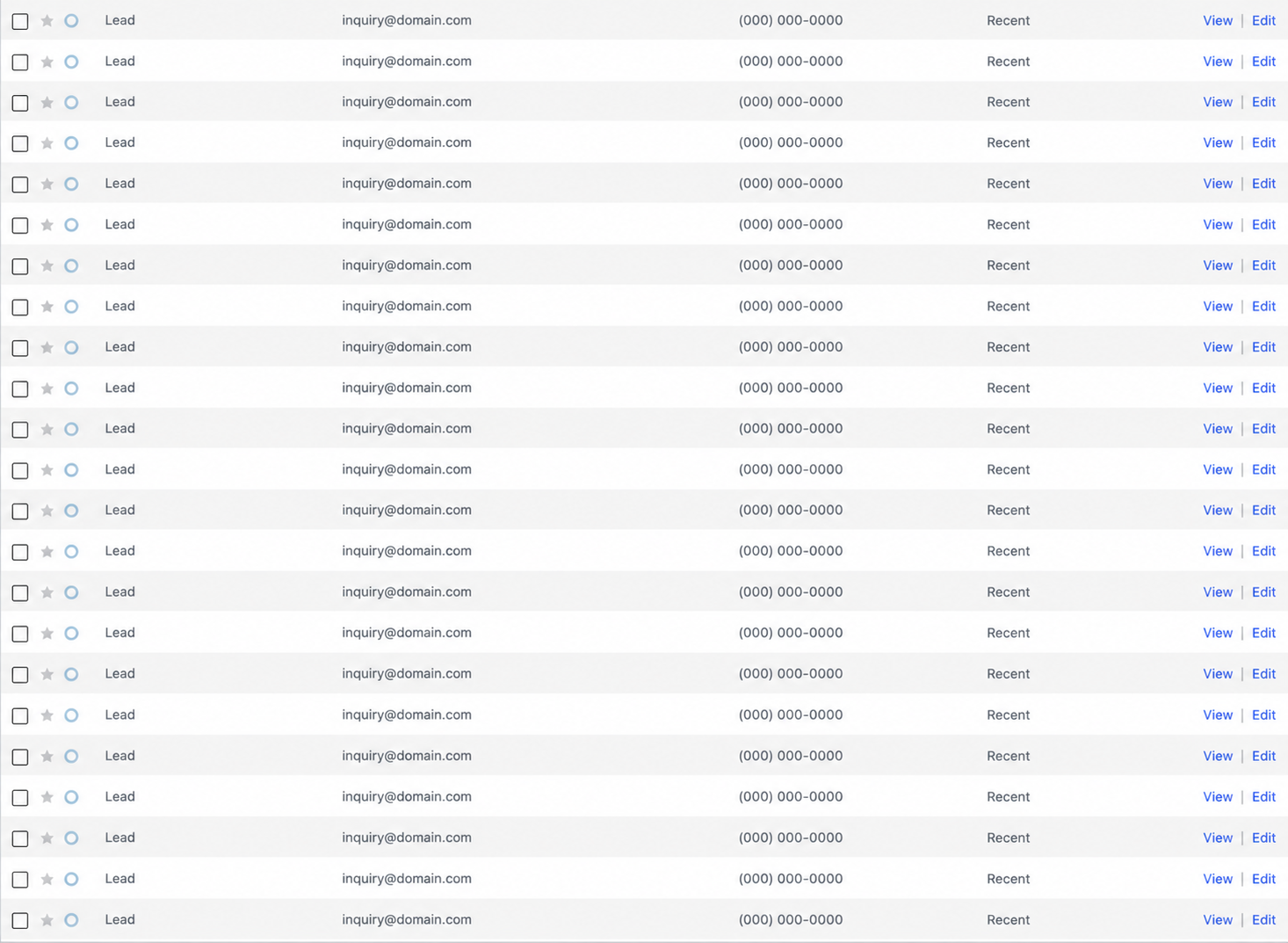 Anonymized client lead dashboard illustrating website inquiries from organic search